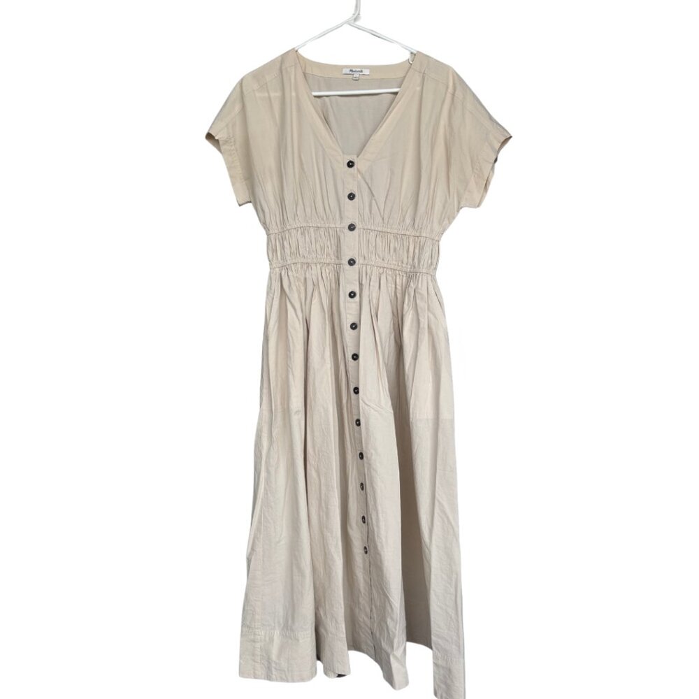 Madewell Button Front V-neck Tan Midi Dress | Easy Fit